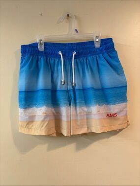 Beach Print Blue Swim Shorts with AMS Monogram